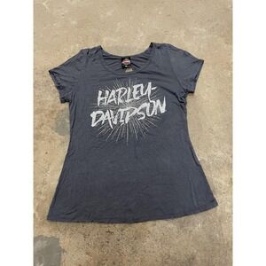 Harley-Davidson Shirt Womens XL Gray Rhinestone Scoop Neck Keyhole USA Tee